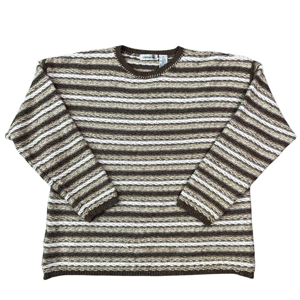 Women's Vintage 90's Claiborne Knit Brown Tan Cream Pullover Sweater (Sz L)